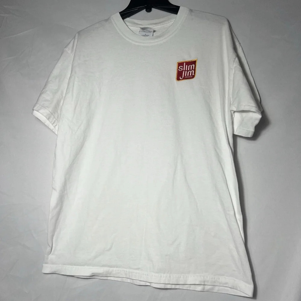 Slim Jim Logo White T-shirt L Embroidered Patch‎ Tee Beef Jerky Meat Stick Brand